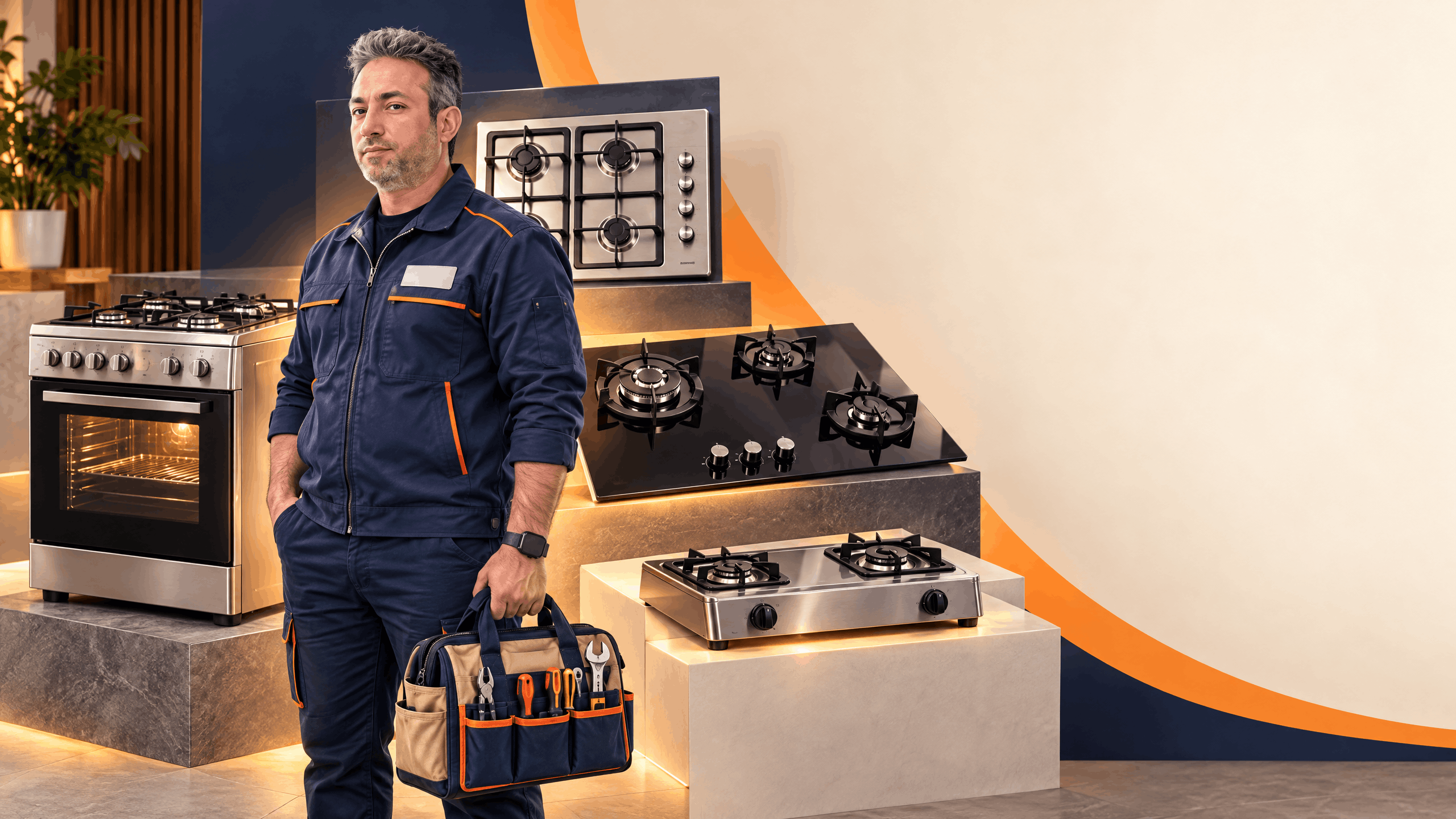 A male technician focuses on repairing kitchen equipment in a workshop setting.
